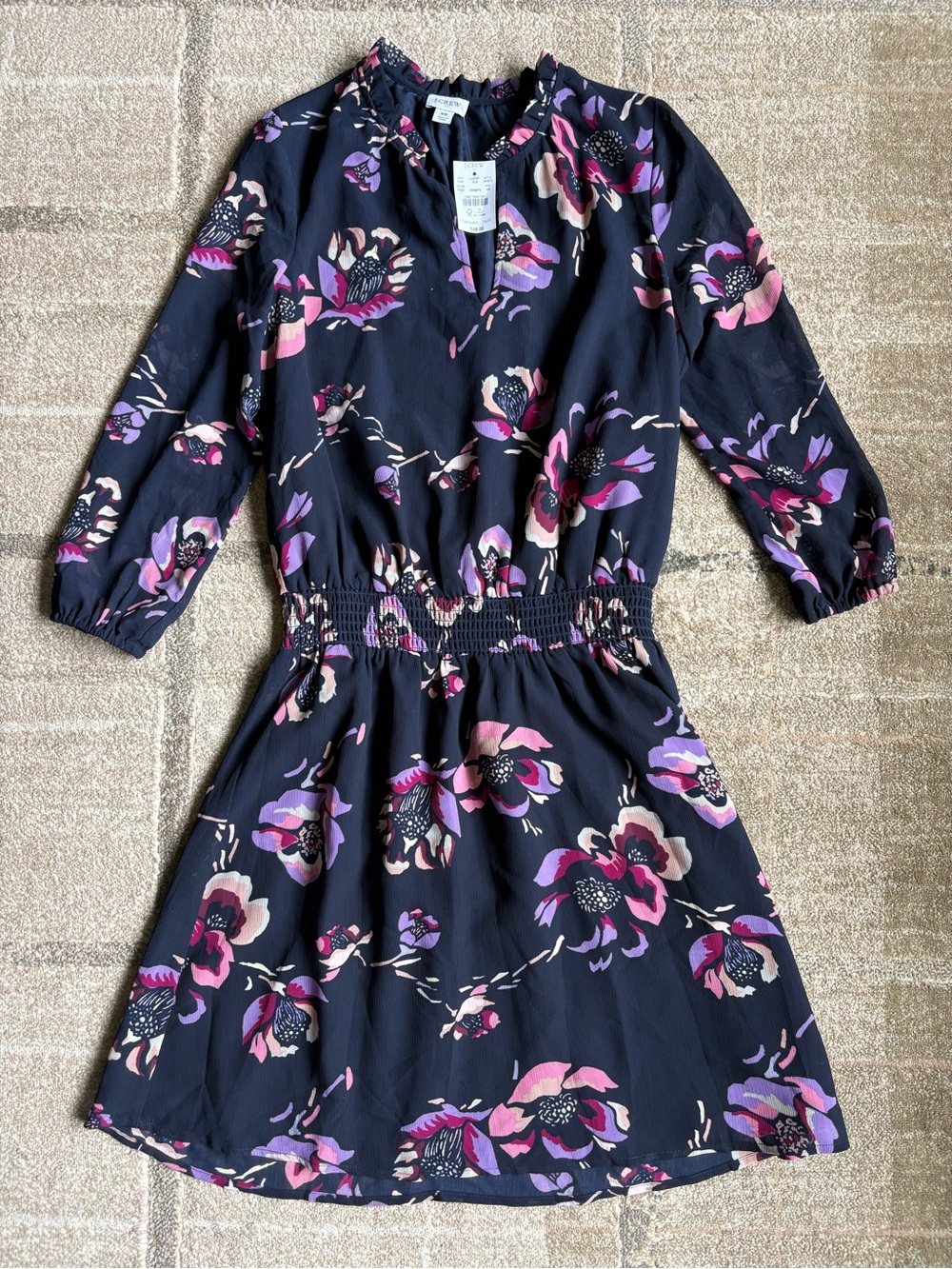 J. Crew Floral Smocked Waist Dress Navy Blue Pink Purple Blooms Size XS